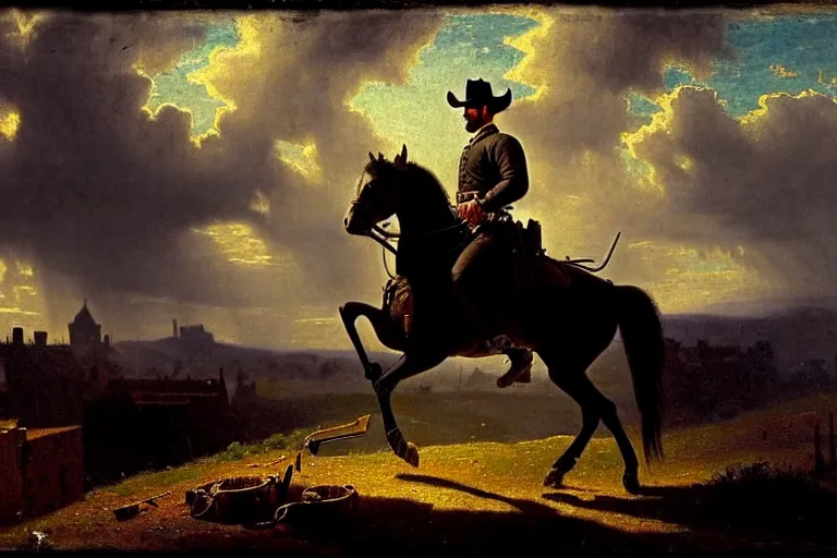 Prompt: an extremely detailed masterpiece photograph of a 1 8 9 0's gunslinger on his horse, gun drawn while overlooking an old town, in the style of albert bierstadt, epic scene, extremely moody lighting, cinematic, 8 k