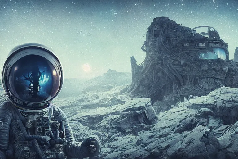 Image similar to distant low angel photograph of an astronaut exploring an abandoned alien planet with alien skeletons, alien skulls, fallen kingdom city ruins, science fiction, detailed space suit, cinematic, hypermaximalist, detailed, 4k, 8k, breathtaking stars, surrealism, distant, concept art, digital art, sharp focus, reflections, RTX, octane render, acid pixie, Trending on DeviantArt