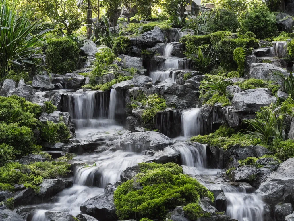 Prompt: outdoor design, a small waterfall between two glass residentials, waterfall in the top of the residentials, no rocks, no plant, cinematic lighting, smooth, high details, futurist, realistic