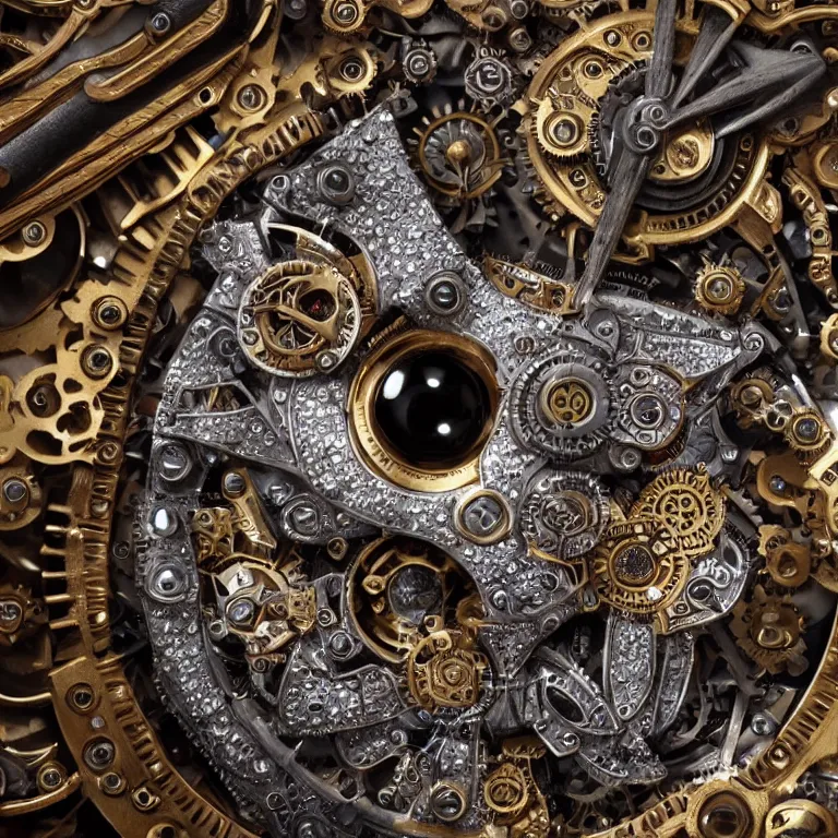 Image similar to A steampunk fox head with sparkling eyes made from ornate engraved full plate armor and Rolex gears and jewels and gems, macro shot by Justin Gerard, unreal engine, detailed, intricate, physically based rendering