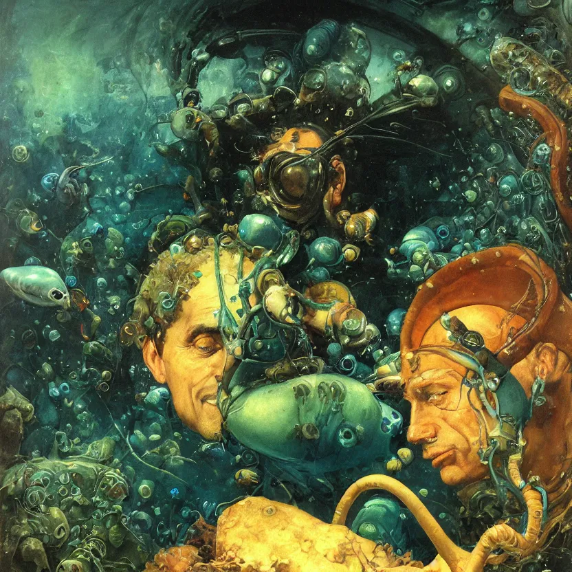 Prompt: an underwater close - up renaissance portrait of a fisherman surrounded by alien sea creatures. deep blue and green tones. night time. gloomy dark black background. highly detailed fantasy science fiction portrait painting by norman rockwell, moebius, frank frazetta, and syd mead. rich colors, high contrast. artstation