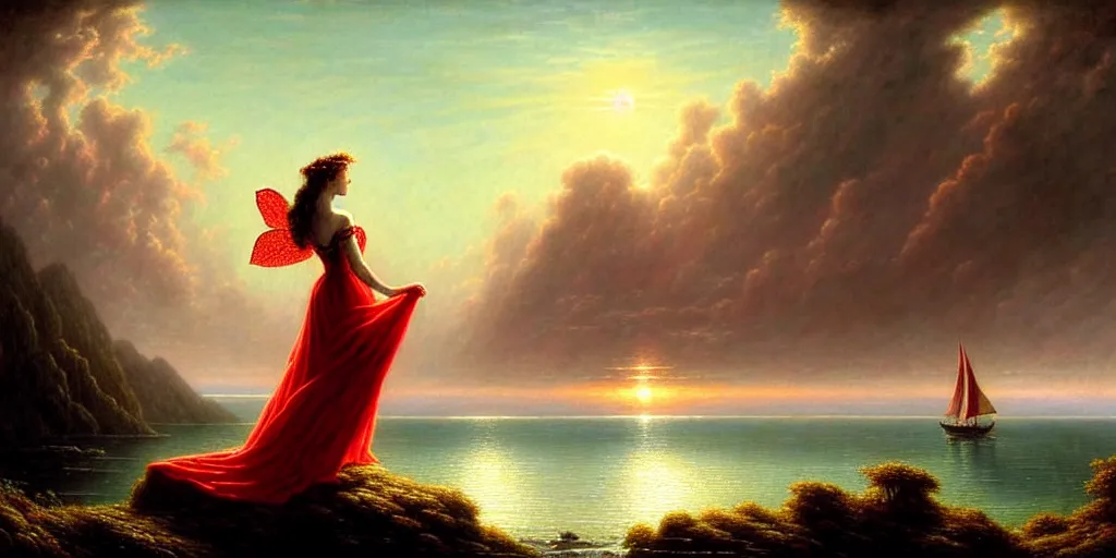 Image similar to an elegant fairy queen in a red lace dress dancing looking out at a lord of the rings scenery landscape, staring across the sea at a sail boat, sunrise, god's rays highly detailed, vivid colour, soft clouds, floral sunset, cinematic lighting, perfect composition, gustave dore, derek zabrocki, greg rutkowski, belsinski