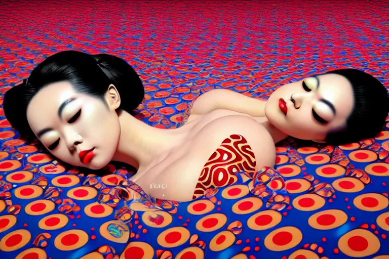 Image similar to realistic detailed image of a geisha laying down in a padded room, conjuring psychedelic background, part by yayoi kusama, part by alex gray, part by ross tran, part by james jean, ultra realistic, highly detailed, life like face, detailed body, 8 k, octane render, trending on artstation, very cohesive, masterpiece