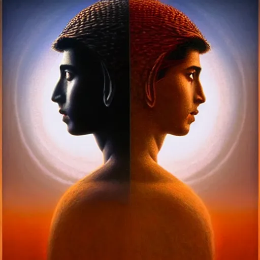 Image similar to perfectly - centered movie promotional poster - photograph of a young indian guy and a beautiful girl side profile faces symmetrical ; real life portrait by beksinski and jean delville, romantic theme, two lovers sharing one heart, unreal engine 5, photorealism, hd quality, 8 k resolution, cinema 4 d, hdr dramatic lighting ; symmetrical, cinematic, high coherence