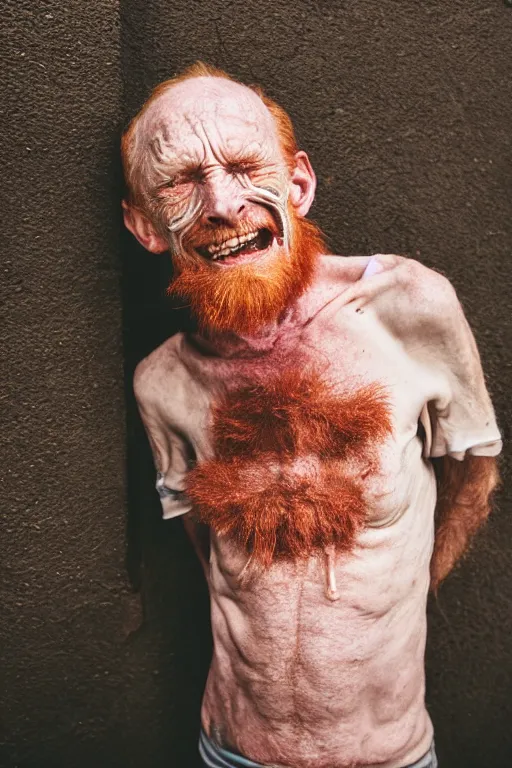 Image similar to 3 / 4 body photo of a old ginger men crackhead! with disgusting teeth, shady dark backalley at night, nerdy appearance, smooth, sharp, 8 5 mm, f / 1. 3