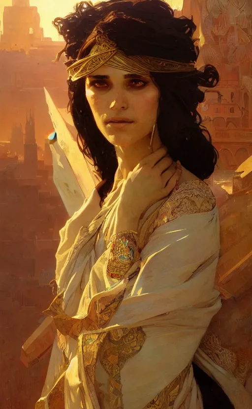 Prompt: a personification of the middle east, highly detailed, digital painting, artstation, concept art, sharp focus, illustration, art by greg rutkowski and alphonse mucha