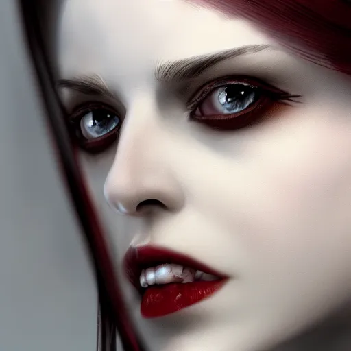 Image similar to portrait of a lady vampire, 35mm, depth of field, DOF, ominous, detailed, photorealistic, octane render, high definition, 4k, artstation, Greg Rutkowski, matthew benedict, irwin penn