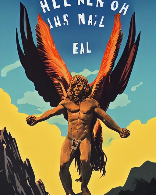 Image similar to 1 9 7 0 s national parks poster for hell, poster design, 4 k, heavy metal art style, muscular lucifer