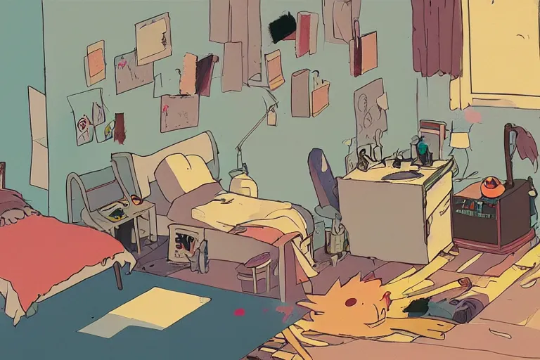 Image similar to messy bedroom, style of studio ghibli + moebius + basquiat, cute, lofi, artstation