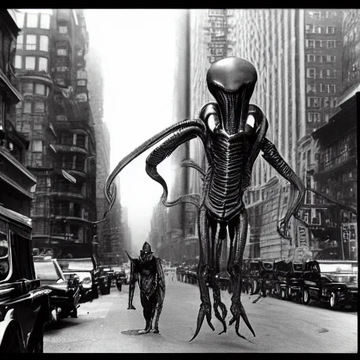 Prompt: old black and white photo, 1 9 1 3, depicting a xenomorph from the movie aliens rampaging through the bustling streets of new york city, historical record