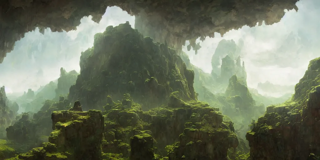 Image similar to huge cave ceiling towns, villages castles buildings bytopia planescape clouds made of green earth inverted upsidedown mountain surreal artstation illustration sharp focus sunlit vista painted by ruan jia raymond swanland lawrence alma tadema zdzislaw beksinski norman rockwell tom lovell alex malveda greg staples