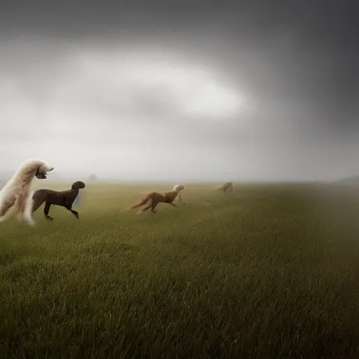 Prompt: poodles running through a field, mikko lagerstedt