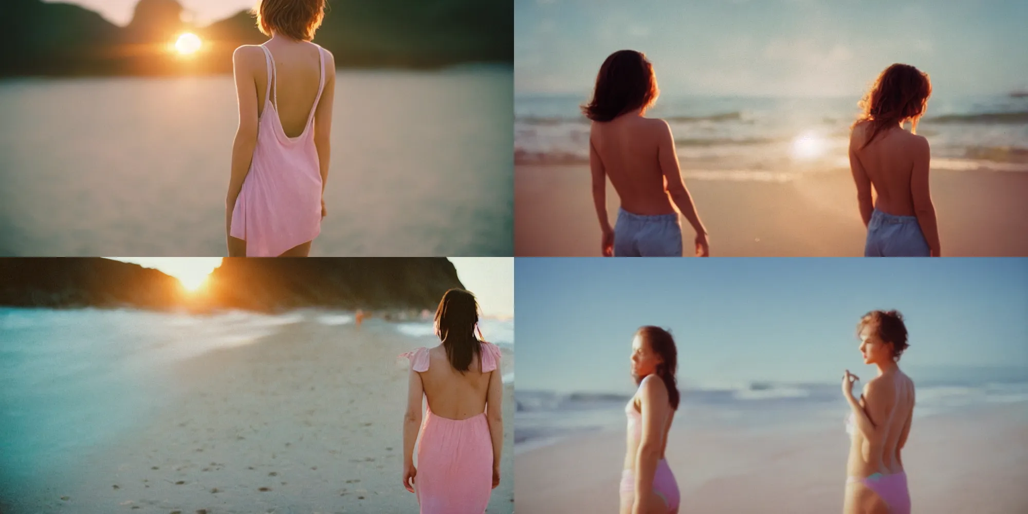 Prompt: photograph of a beautiful!!! woman! from the back in an beach by mark owen. pastel colors. kodak portra 4 0 0 film!!. whirl bokeh!. mamiya 7. highly detailed. hq. photoreal. golden hour. lens flare. faded film. in - frame