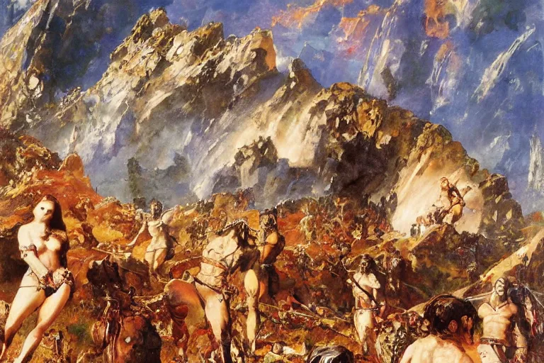 Image similar to a beautiful painting of a rocky landscape covered with bodies of medieval soldiers in shiny armors, dawn, by Frank Frazetta, by Georgia o keeffe, by Gustave Moreau