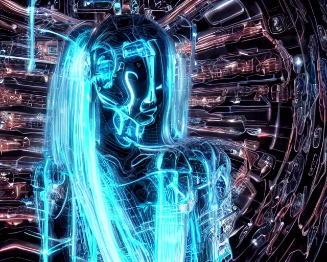 Image similar to glowing hair, complex cybernetic beings, beautiful hairy humanoids, cybermagnetosphere, cybernetic civilizations, ornate hair, love, joy, vortexes, large arrays, data holograms, 8 k, cinematic light shadows, wet hdr refractions, *, * * *, * * * * *