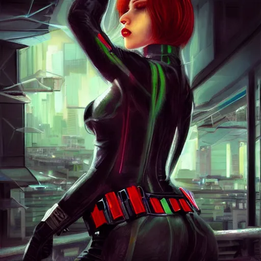 Prompt: black widow in a cyberpunk world, artstation hall of fame gallery, editors choice, #1 digital painting of all time, most beautiful image ever created, emotionally evocative, greatest art ever made, lifetime achievement magnum opus masterpiece, the most amazing breathtaking image with the deepest message ever painted, a thing of beauty beyond imagination or words