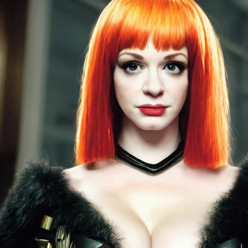 Image similar to a young Christina Hendricks dressed like lilu from the fifth element. Full frontal photography, bare, highly detailed, film still, looking at camera, symmetrical, Zeiss Lens, Octane Render, 8k resolution redshift