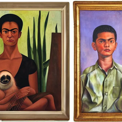 Prompt: oil painting, portrait of a boy with a sloth in a vintage office, mid - century modern design, painting by frida kahlo ( 1 9 3 2 ), from mexican modernism exhibition