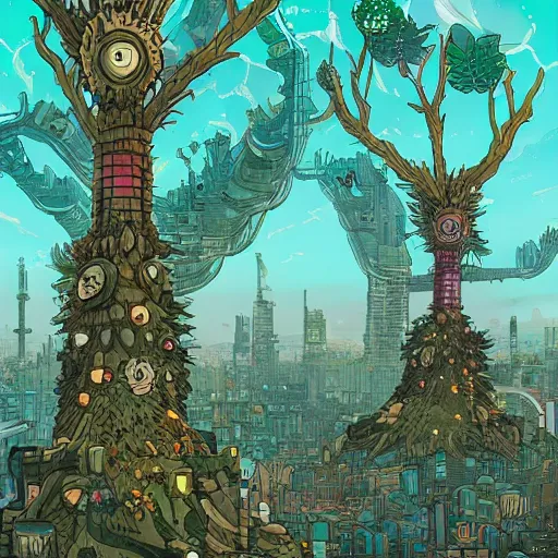 Image similar to biopunk city with a very high tree with leaves that has people connected to it by Dan Mumford, Trending on artstation, 4k