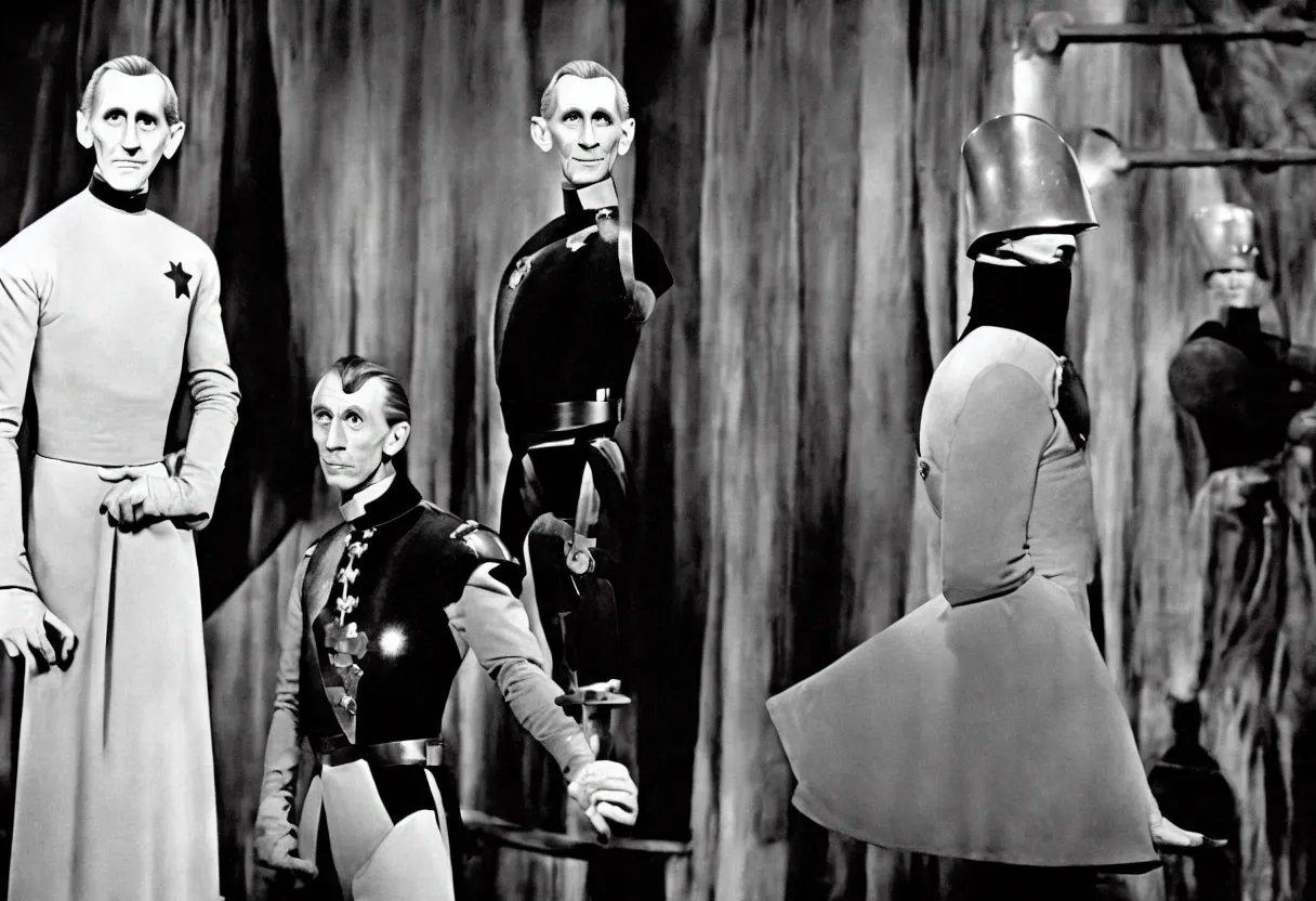 Prompt: still from the Disney plus show Tarkin! A show full of theatrical intrigue and whimsy, based around governor Tarkin’s pre-Empire life as a fading theatre star on Alderraan’s Broadway in the 1960s Technicolor