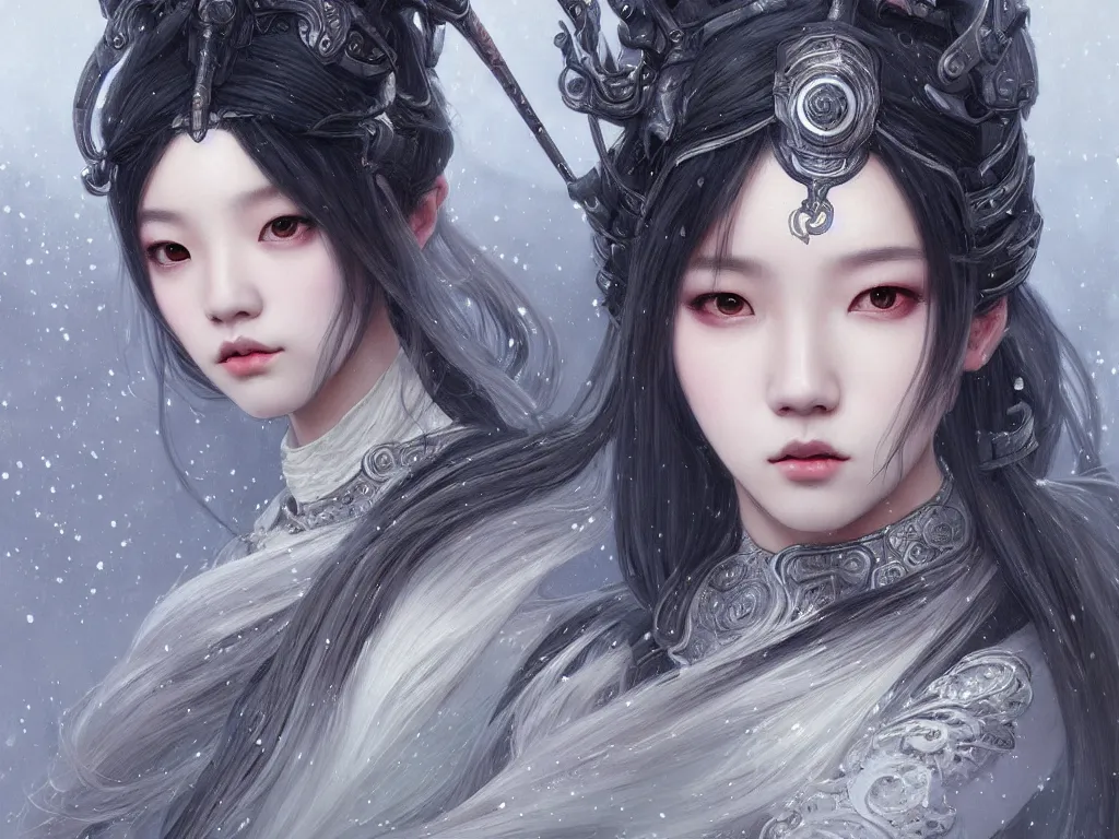 Image similar to portrait jisoo blackpink, grey hair armored samurai clothes, in snowy torii black magic night, ssci - fi and fantasy, intricate and very very beautiful and elegant, digital painting, artstation, concept art, smooth, illustration, art by tian zi and wlop and alphonse mucha