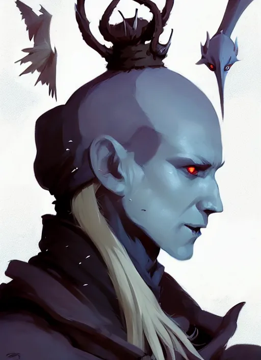 Image similar to ( ( ( ( ( portrait of male drow from dungeons and dragons surrounded by crows. ) ) ) ) ) by atey ghailan, by greg rutkowski, by greg tocchini, by james gilleard, by joe fenton, by kaethe butcher, dynamic lighting, gradient light blue, brown, blonde cream and white color scheme, grunge aesthetic