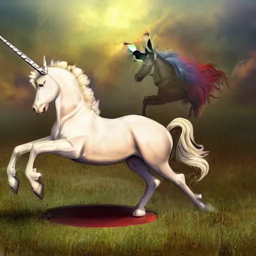 Image similar to A Unicorn stepping on landmine, fantasy art