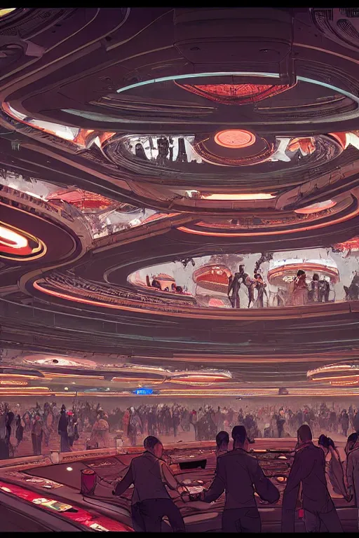 Image similar to the interior of a futuristic casino, large crowd of people, by kim jung gi and greg rutkowski, rule of thirds