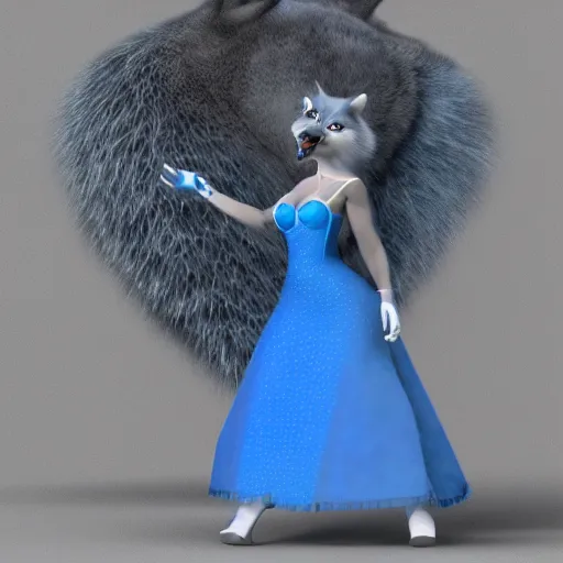 Image similar to 3 d render, well toned, large and tall, female anthropomorphic wolf, blue fur and scales with white spots and wings on her back, icey blue dress, furr covering her chest.