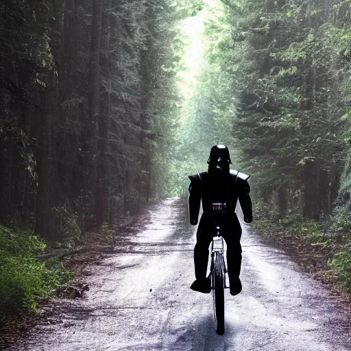 Prompt: a photo of darth vader riding a bike in the forest