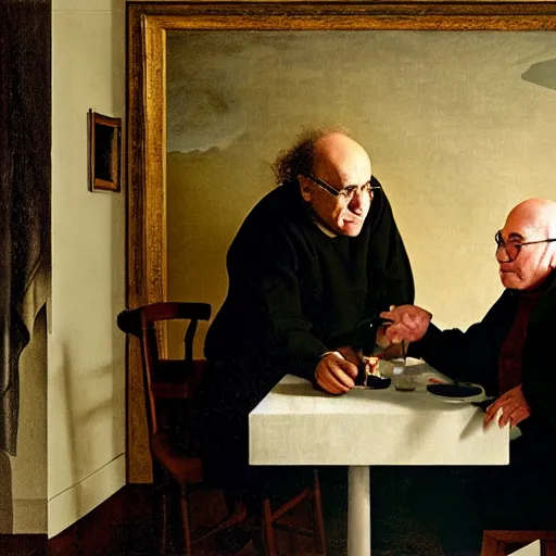 Prompt: danny devito and larry david fighting over a modern designed chair, eggshell color, renaissance still life painting, masterpiece, realistic light and shadow, in the style of vermeer, highly detailed, photorealism