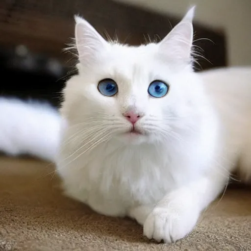 Prompt: cute white fluffy cate with heterochromia eyes