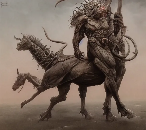 Image similar to centaur concept, full body concept, beksinski, wayne barlowe, adrian smith fantasy art, the hobbit art, lord of the ring art, the witcher concept art, trending on artstation, game of throne art