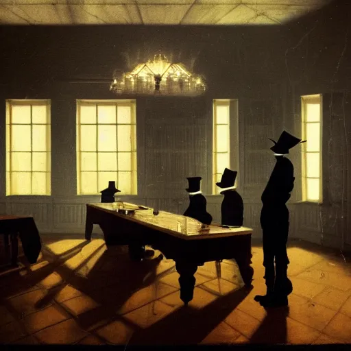 Prompt: Occult shadow figures of men inside a freemasonic lodge with a chequered floor conversing around a table in secrecy, moody and atmospheric, dramatic scene, dimly lit room, cgsociety, 8k resolution, trending on artstation, octane render by Quint Buchholz, Pieter Claesz and Edward hopper