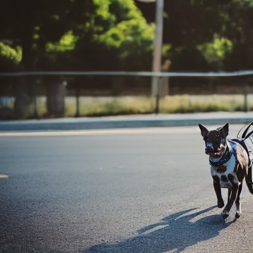 Image similar to blue heeler dog on a motorcycle, 8 k photography, blurred background of a wafflehouse