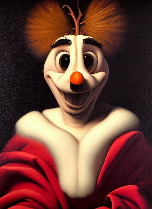 Image similar to a masterwork chiaroscuro oil painting portrait of adorable symmetric olaf from disneys frozen in the style of a renaissance painting, insane detail,, jan matejko, caravaggio, jan van eyck, trending on artstation, artgerm