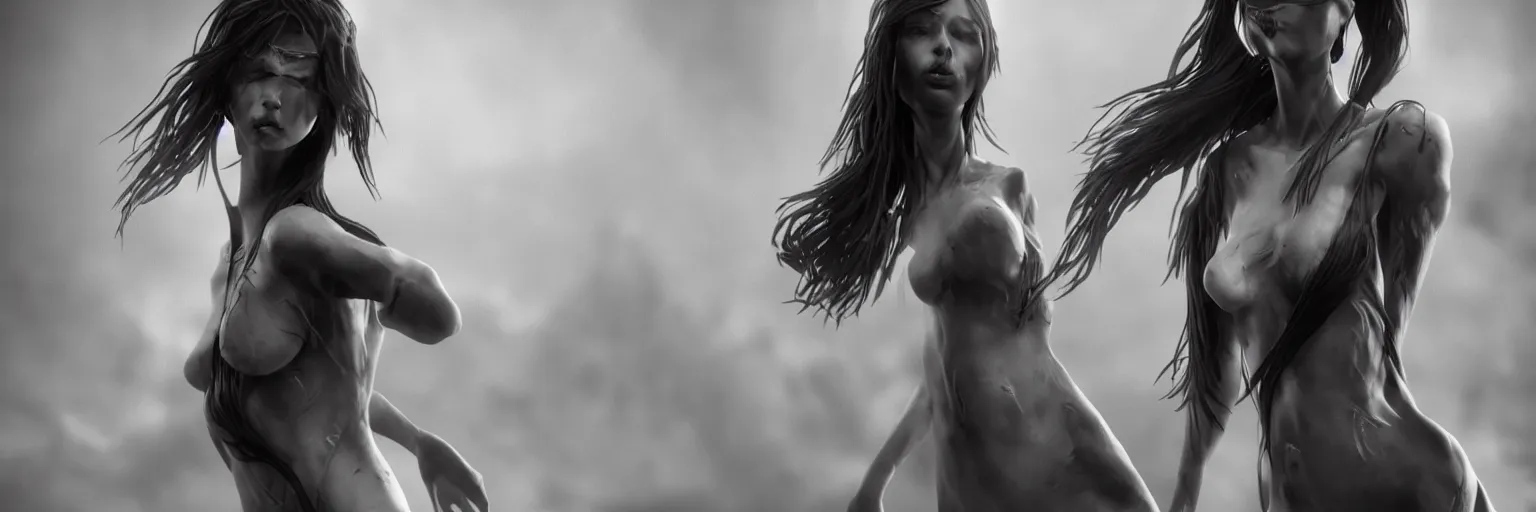 Prompt: epic fantasy render of a beautiful skinny woman body, dark hairs, black and white, highly detailed, cinematic, hyperrealism, dynamic lighting, cgsociety
