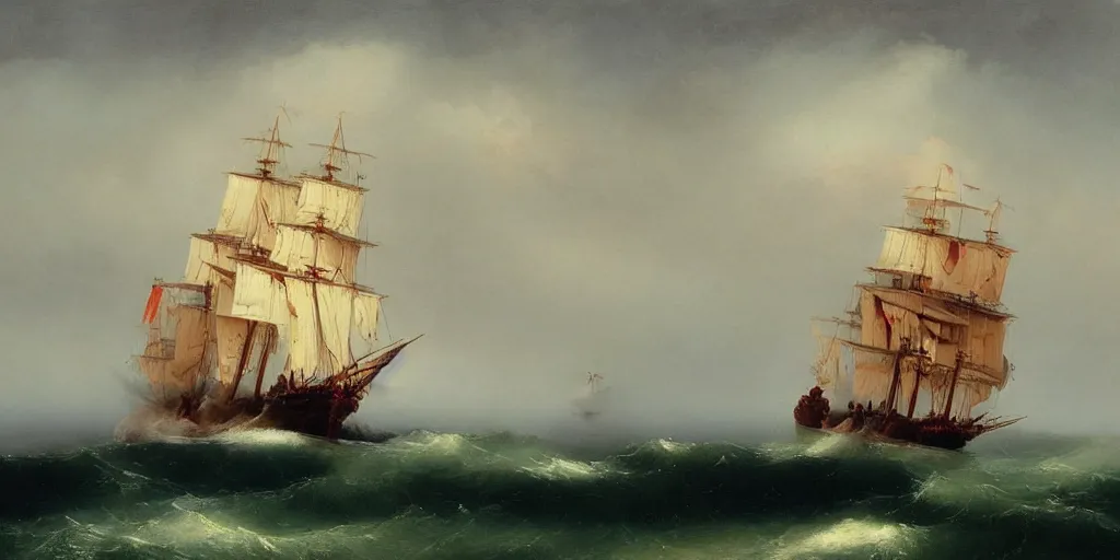 Prompt: hoopoes sail on a ships Ivan Aivazovsky style