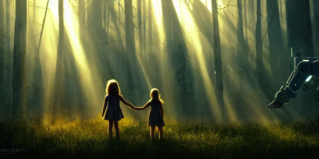 Prompt: sci - fi scene future new york, little girl holding a hand of a big robot, forest punk, crepuscular rays, epic scene, hyper realistic, photo realistic, overgrowth, cinematic atmosphere, ethereal lighting