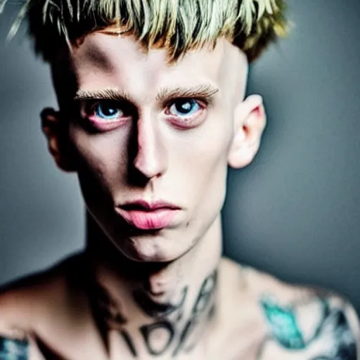 Image similar to “a realistic detailed photo of a guy who is an attractive humanoid who is half robot and half humanoid, who is a male android, rapper Machine Gun Kelly, shiny skin, posing like a statue, blank stare”