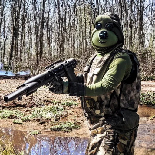 Prompt: professional photograph of an anthropomorphic frog wearing a kevlar vest and holding a black rifle in a swamp, 8 k, very intricate, very detailed, serious,