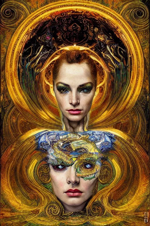 Prompt: Intermittent Chance of Chaos Muse by Karol Bak, Jean Deville, Gustav Klimt, and Vincent Van Gogh, enigma, destiny, fate, unearthly gears, otherworldly, fractal structures, prophecy, ornate gilded medieval icon, third eye, spirals