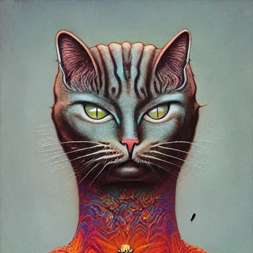 Image similar to a cat having an ego trip, by alex grey, by Esao Andrews and Karol Bak and Zdzislaw Beksinski and Zdzisław Beksiński, trending on ArtStation