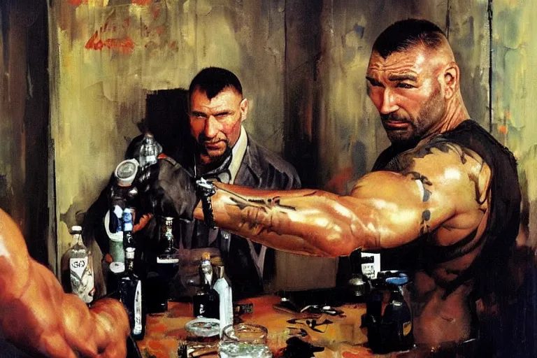 Image similar to dave bautista as replicant sapper morton is offered a drink at a party by dorian yates, painted by phil hale and rick berry and dean cornwell and norman rockwell and jeremy mann