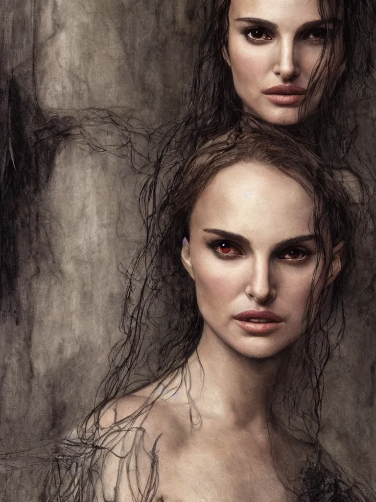 Prompt: a beautiful portrait of natalie portman by h.r. giger and by arthur rackham and by john william waterhouse, detailed, proportional, trending on art station, 4k