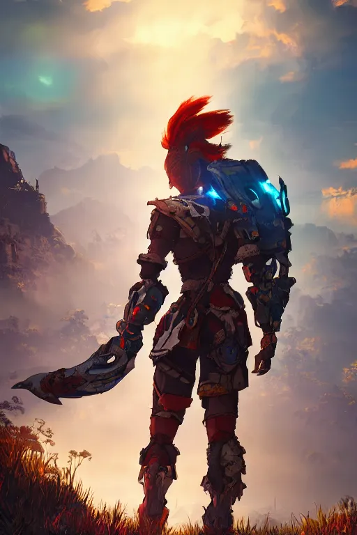 Image similar to combination suit armor aloy horizon forbidden west horizon zero dawn radiating a glowing aura global illumination ray tracing hdr fanart arstation by ian pesty and alena aenami artworks in 4 k tribal robot ninja mask helmet backpack