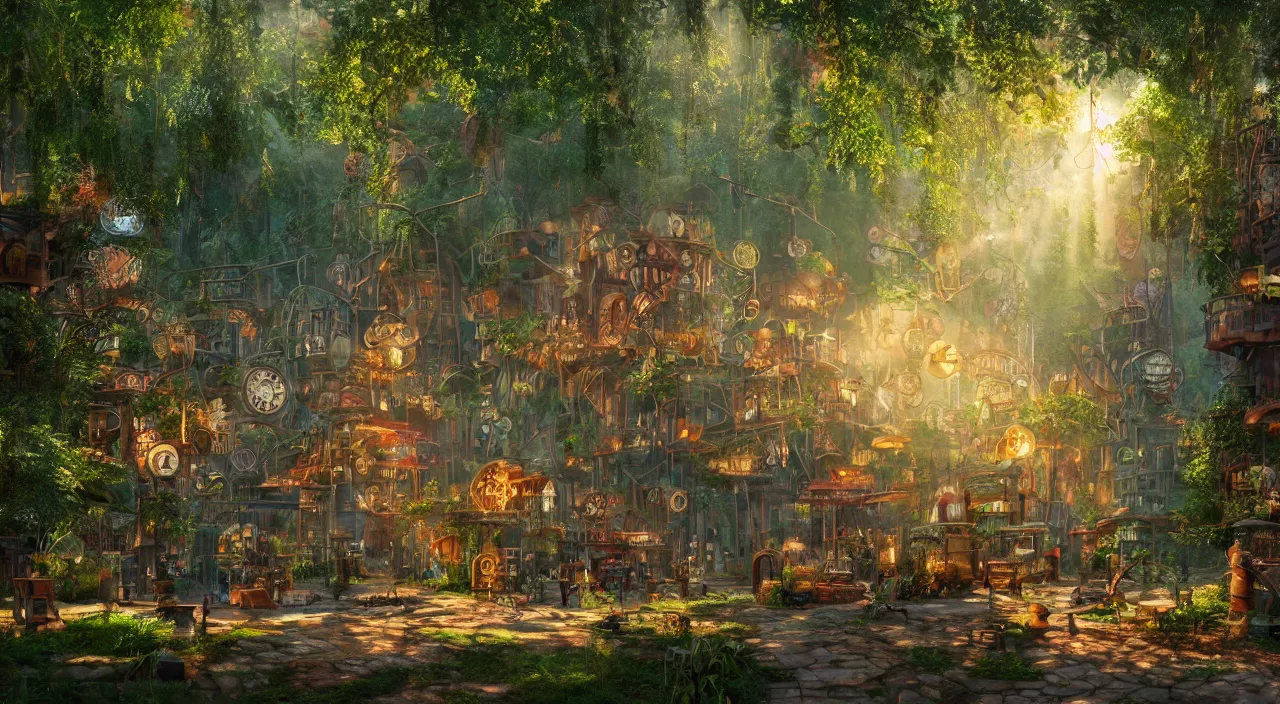 Prompt: a steampunk village in a forest on a summers day, suns rays, rain, lush vegetation, junk everywhere, neon signs, magical atmosphere, mist, photo realistic, 35mm, octane render, 8k, guido borelli da caluso