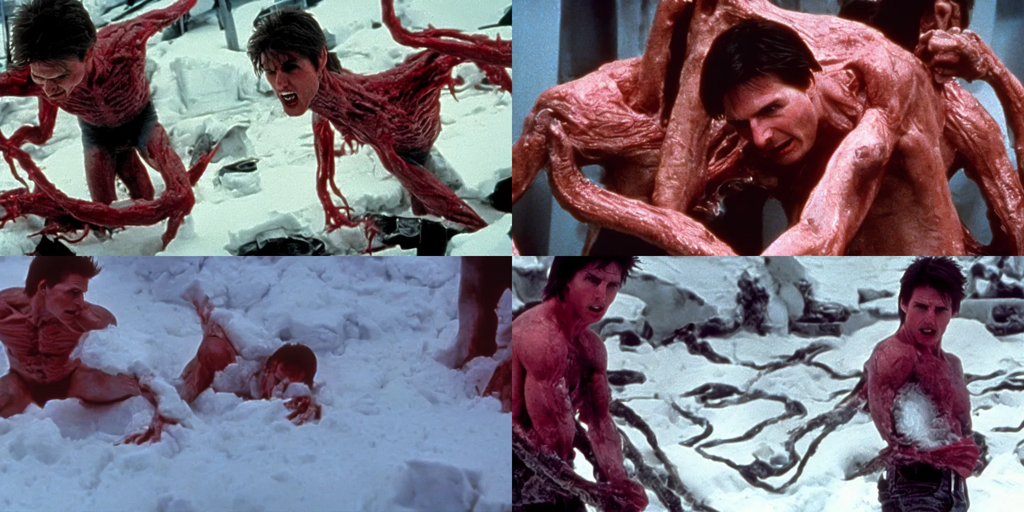 Prompt: tom cruise body horror in the thing ( 1 9 8 2 ) directed by john carpenter, limb mutations, swollen veins, red flesh strings, antarctica, snow, flamethrower, cinestill 8 0 0 t, 1 9 8 0 s movie still, film grain