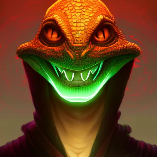 Prompt: close up portrait of a young alien lizard human as a wizard man, pixar style, stylized face, intricate detail, digital painting, glowing orange eyes, neon colors, vaporwave, particles floating, background by wlop, artwork by ross tran and ramond swanland and liam wong and mike winklemann, trending on artstation