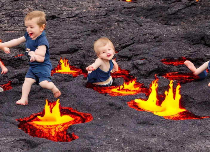 Prompt: toddlers playing in molten lava